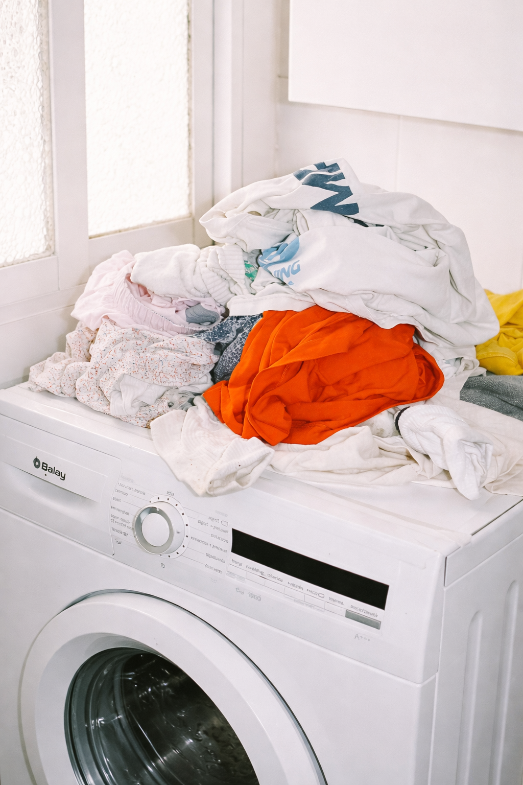 Laundry piled on a washing machine
