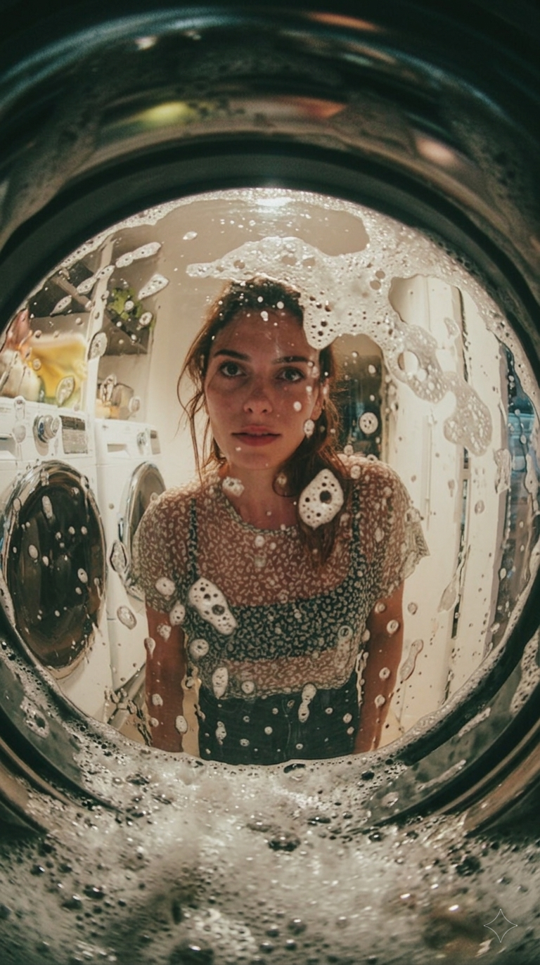Friend seen through a washing-machine porthole